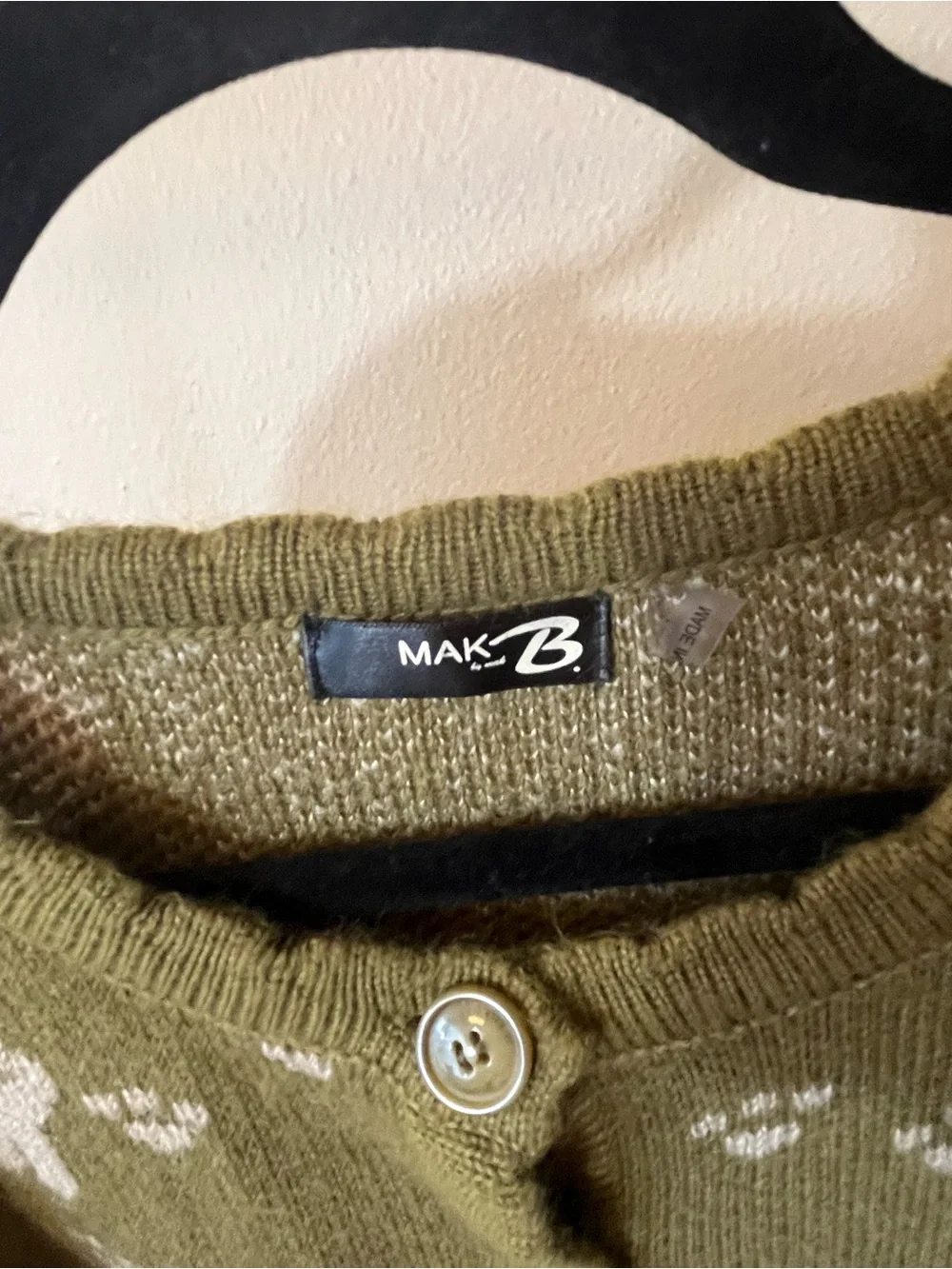 Mak B Olive Green Cat Pattern Button-Up Sweater